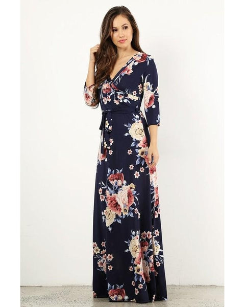 Wrapped in Luxury Floral Print Faux Wrap Maxi Dress with 3/4 Sleeves & Waist Tie in Navy - Essentially Elegant 