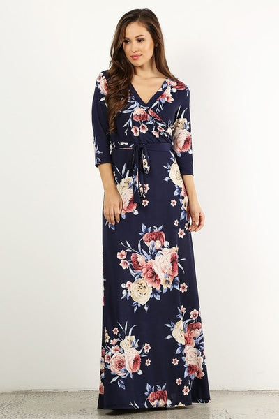 Wrapped in Luxury Floral Print Faux Wrap Maxi Dress with 3/4 Sleeves & Waist Tie in Navy - Essentially Elegant 