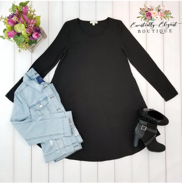 Black Long Sleeve Round Hem A-Line Dress with Pockets - Essentially Elegant 