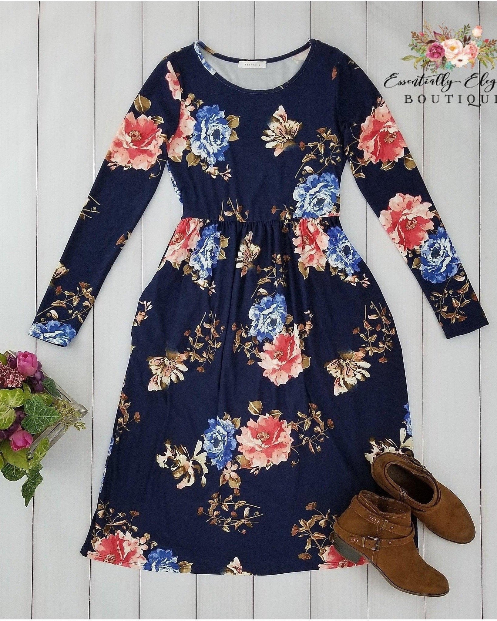 Ageless Bliss Floral Print Midi Dress with Long Sleeves and Pockets in ...
