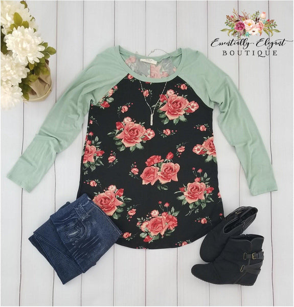 Impressions Mint And Black Floral Long Sleeve Top - Essentially Elegant 