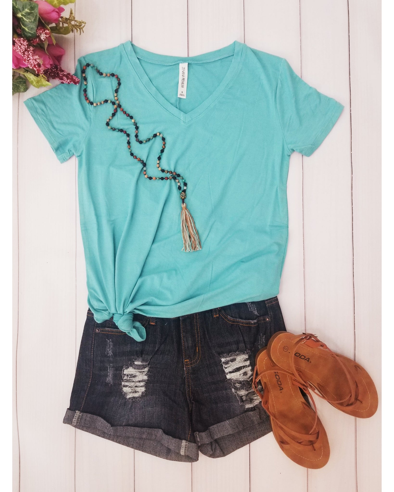 Keeping It Comfortable Short Sleeve V-Neck T-Shirt Top in Blue Mint - Essentially Elegant 