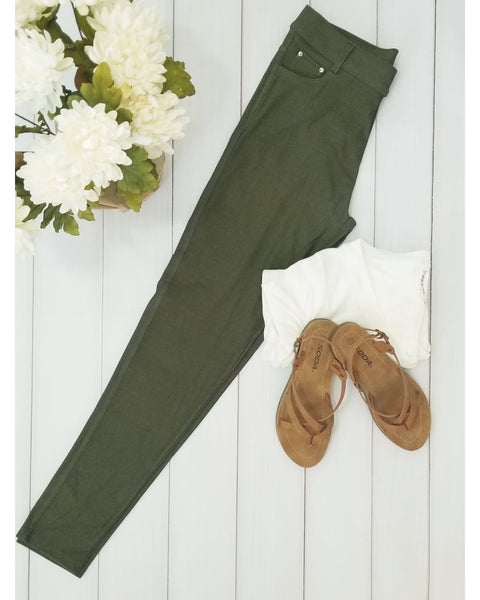 Yelete Super Stretchy Skinny Jeggings in Army Green - Essentially Elegant 