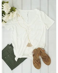 Keeping It Comfortable Short Sleeve V-Neck T-Shirt Top in Ivory - Essentially Elegant 