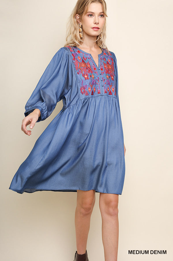 Umgee - Puff Sleeve Smocked Peplum Dress, Blue Stripe L