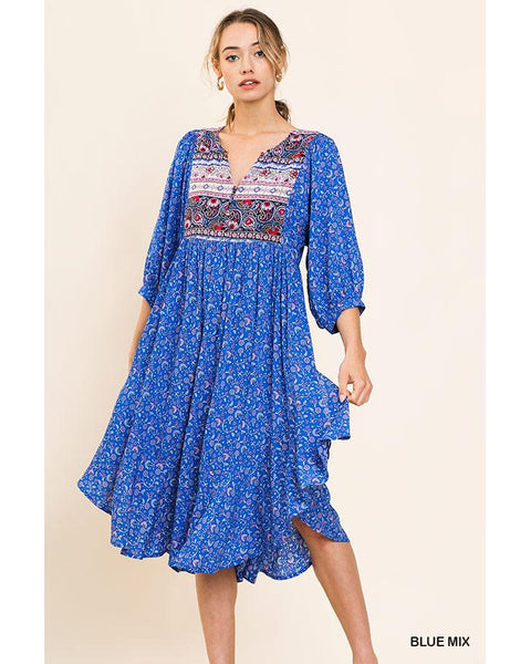Delilah Peasant Dress with High Split Double Ruffle Side Hem in Blue - Essentially Elegant 