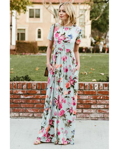 Making Memories Floral Print Maxi Dress with Pockets in Mint - Essentially Elegant 