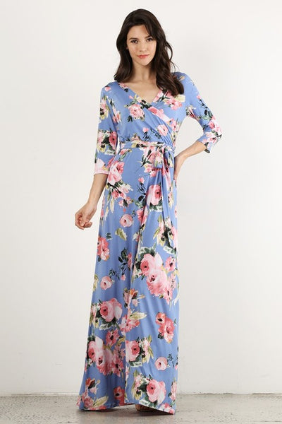 Wrapped in Luxury Floral Print Faux Wrap Maxi Dress with 3/4 Sleeves & Waist Tie in Blue - Essentially Elegant 