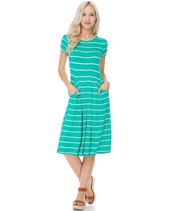 Earn Your Stripes Short Sleeve Midi Striped Dress in Mint - Essentially Elegant 