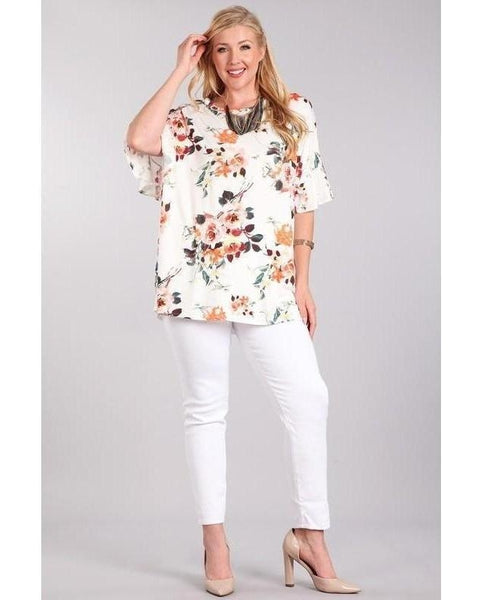 Step Into Spring Ivory and Floral Knit Top with Bell Sleeves - Essentially Elegant 