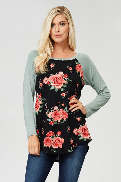 Impressions Mint And Black Floral Long Sleeve Top - Essentially Elegant 