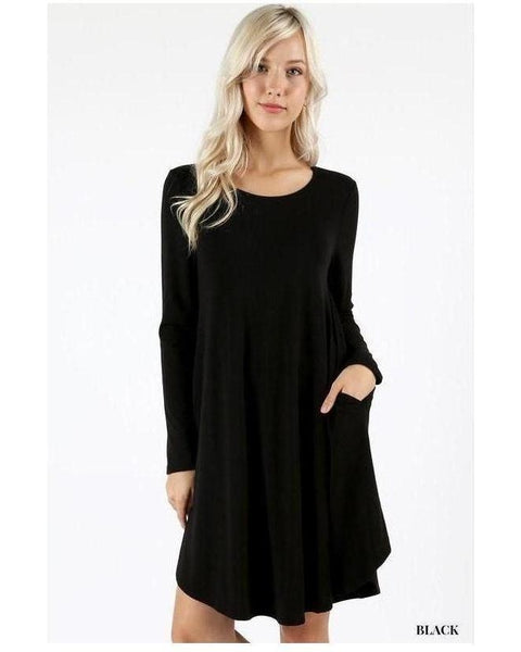 Black Long Sleeve Round Hem A-Line Dress with Pockets - Essentially Elegant 