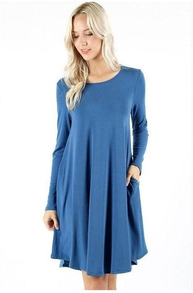 Blue Mist Long Sleeve Round Hem A-Line Dress with Pockets - Essentially Elegant 
