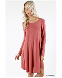 Dusty Rose Long Sleeve Round Hem A-Line Dress with Pockets - Essentially Elegant 