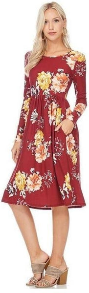 Ageless Bliss Floral Print Midi Dress with Long Sleeves and Pockets in Wine - Essentially Elegant 