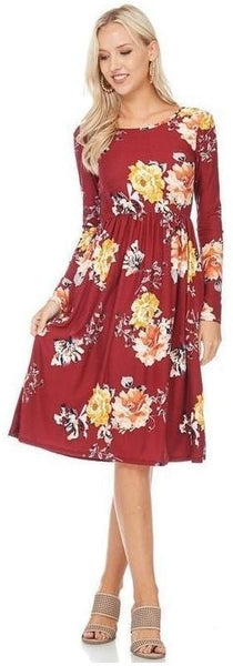 Ageless Bliss Floral Print Midi Dress with Long Sleeves and Pockets in Wine - Essentially Elegant 