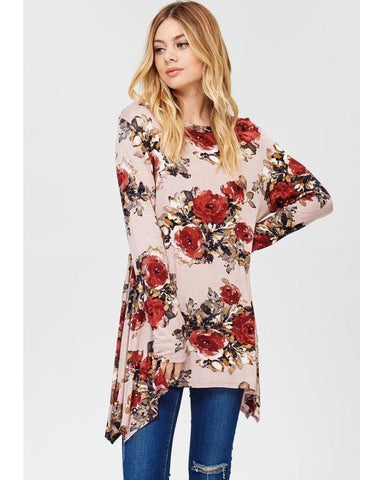 Spring Garden Floral Print Tunic Top with Sharkbite-Hem in Mauve - Essentially Elegant 