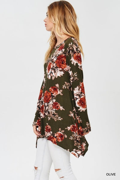 Spring Garden Floral Print Tunic Top with Sharkbite-Hem in Olive - Essentially Elegant 