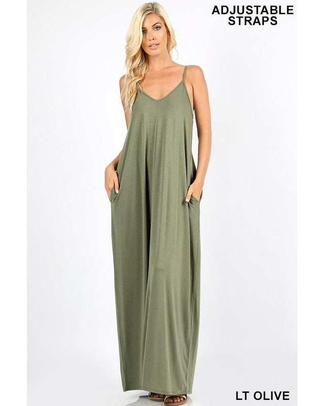 Keeping It Beachy Sleeveless V-Neck Maxi T-Shirt Dress with Pockets in Light Olive - Essentially Elegant 