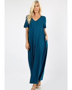 Keeping It Comfy Short Sleeve V-Neck Maxi T-Shirt Dress with Pockets in Teal - Essentially Elegant 