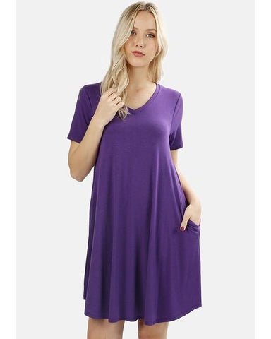 Keeping It Cozy Short Sleeve V-Neck T-Shirt Dress in Purple - Essentially Elegant 
