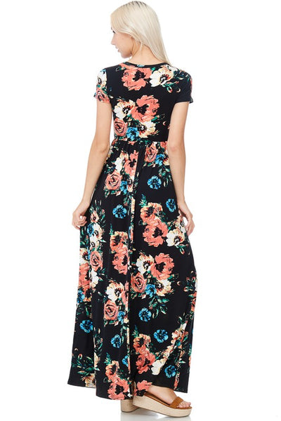 Dream A Dream Black Floral Print Maxi Dress with Short Sleeves and Pockets - Essentially Elegant 