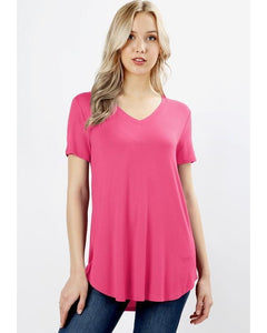 Keeping It Comfortable Short Sleeve V-Neck T-Shirt Top in Fuchsia Hot Pink - Essentially Elegant 