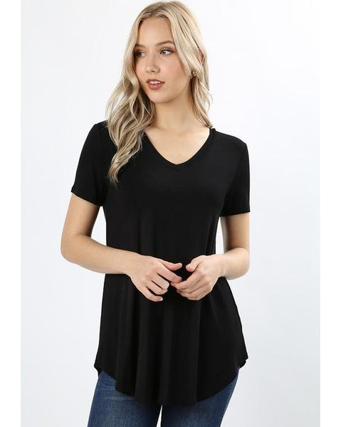 Keeping It Comfortable Short Sleeve V-Neck T-Shirt Top in Black - Essentially Elegant 