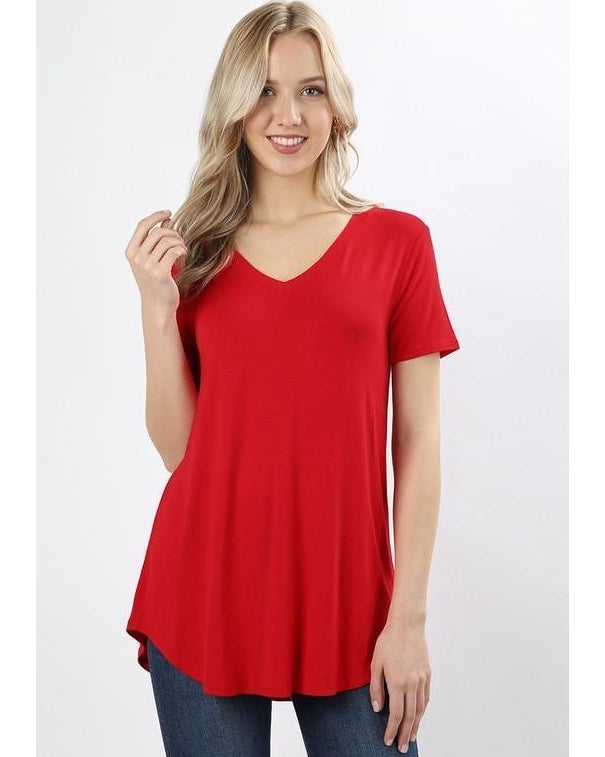 Keeping It Comfortable Short Sleeve V-Neck T-Shirt Top in Ruby Red - Essentially Elegant 