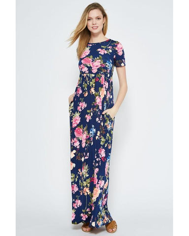 Making Memories Floral Print Maxi Dress with Pockets in Navy - Essentially Elegant 