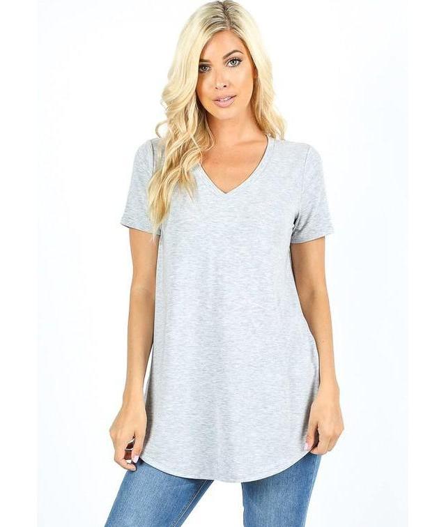 Keeping It Comfortable Short Sleeve V-Neck T-Shirt Top in Heather Grey - Essentially Elegant 