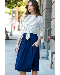 Dotted In Love Midi Dress with 3/4 Sleeves and Pockets in Ivory & Navy - Essentially Elegant 