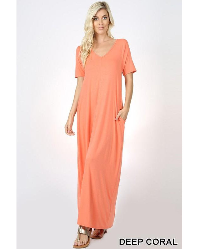 Keeping It Comfy Short Sleeve V-Neck Maxi T-Shirt Dress with Pockets in Deep Coral - Essentially Elegant 