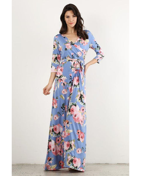 Wrapped in Luxury Floral Print Faux Wrap Maxi Dress with 3/4 Sleeves & Waist Tie in Blue - Essentially Elegant 