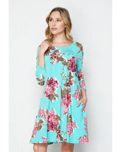 Off She Goes Mint Floral Dress with 3/4 Sleeves and Pockets - Essentially Elegant 