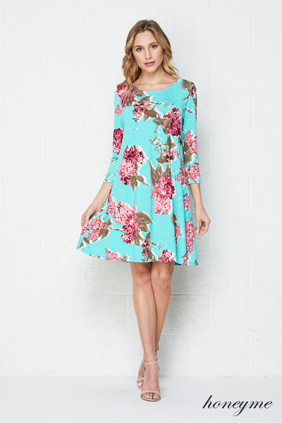 Off She Goes Mint Floral Dress with 3/4 Sleeves and Pockets - Essentially Elegant 