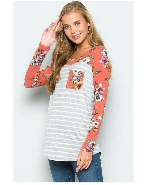 Gray & Ivory Striped Top with Floral Print and Rust Long Sleeves and Pocket Detail - Essentially Elegant 
