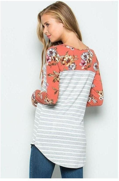 Gray & Ivory Striped Top with Floral Print and Rust Long Sleeves and Pocket Detail - Essentially Elegant 