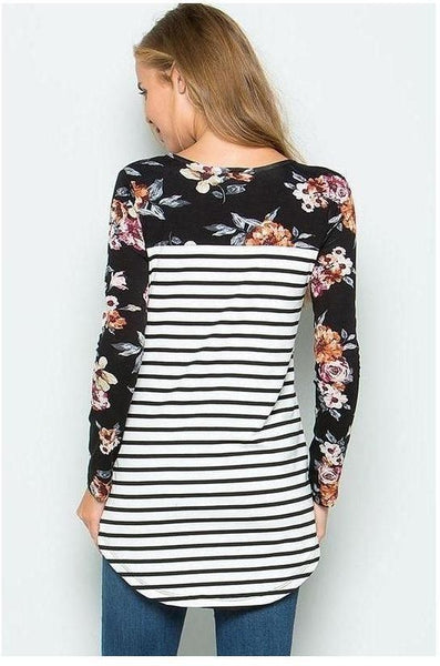 Black & Ivory Striped Top with Floral Print Black Long Sleeves and Pocket Detail - Essentially Elegant 