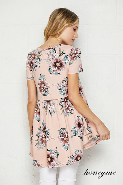 Dreaming of Spring Floral and Blush Short Sleeve Babydoll Tunic Top - Essentially Elegant 