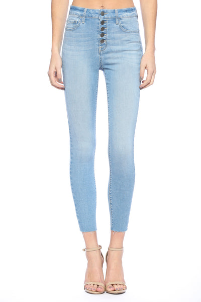 Cello High Rise Exposed Button Light Wash Skinny Jeans