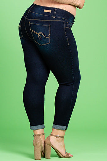Women's Triple Button Super Soft Ankle Jeans with Rolled Cuff - Plus Size - Essentially Elegant 
