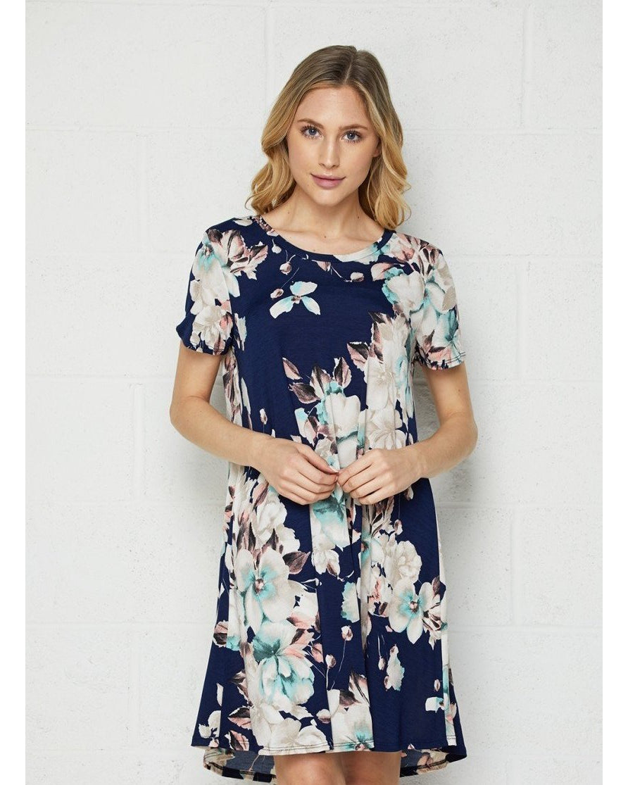 See You Soon Navy Floral Dress with Short Sleeves - Essentially Elegant 