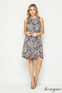 Don't Worry Be Happy Charcoal and Coral Print Sleeveless Swing Dress with Pockets - Essentially Elegant 