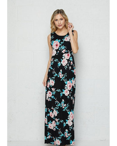 Time To Escape Floral and Black Sleeveless Maxi Dress with Pockets - Essentially Elegant 